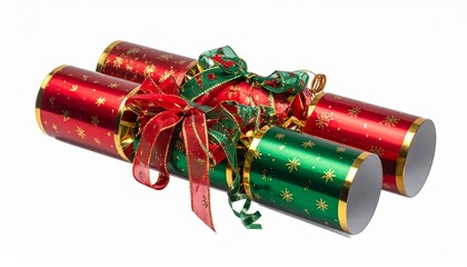 Red and green Christmas cracker with sparkling ribbon, isolated on white background