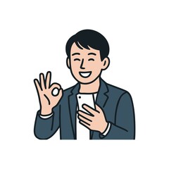 Businessman showing okay sign while holding mobile phone with smiling face