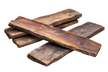 Stack of rough wooden planks isolated on transparent background. Rustic wooden planks isolated on white background.