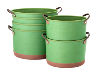 Stack of green storage baskets isolated on transparent background