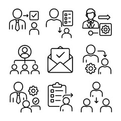 Line art icons depicting business processes teamwork and communication.