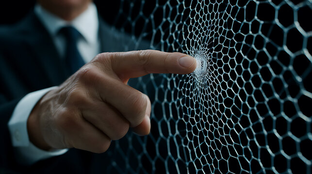 A man in a suit points at a hexagonal mesh pattern with a central focal point, suggesting interaction with a digital or technological surface.