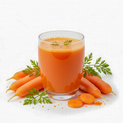 Fresh carrot juice in a glass with carrots and green leaves on a white background.