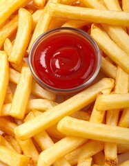 Golden french fries with ketchup