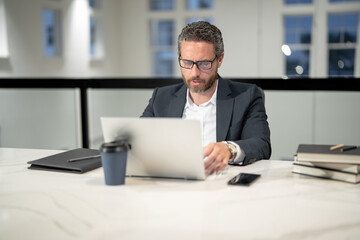 Business worker with laptop at office. Employee remote working in modern office. Business man on online meeting. Hispanic business man working online. Mature business man using laptop at workplace.