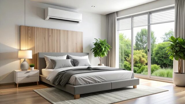 Bright bedroom interior featuring a platform bed, gray bedding, air conditioning unit, nightstand, lamp, and large window showcasing lush green outdoor scenery.