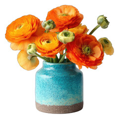 Vibrant orange ranunculus in teal vase