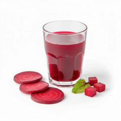 Fresh beetroot juice in a glass with sliced beets and cubes on a white background.