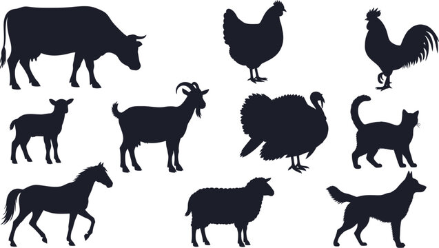 Farm animals silhouettes vector graphics stock illustrations
