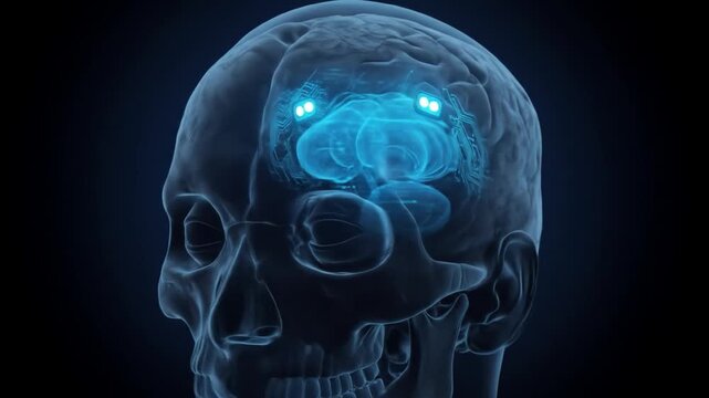 Human Brain Anatomy Glowing Blue Neural Activity Visualization.