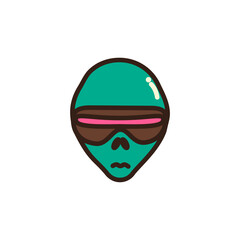 Behold the Cosmic Observer! This teal alien sports oversized sunglasses with pink lenses, a small mouth, and a bold black outline