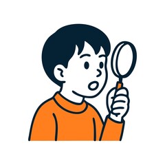Fototapeta premium Young boy with magnifying glass searching and discovering new things vector illustration