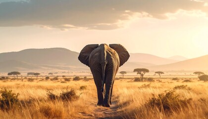 African Elephant in Savannah at Sunset.