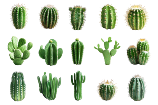 Collection of various green cacti and succulents isolated on transparent background. Set of cacti isolated on white background. - Powered by Adobe