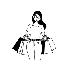 Black and white line art of a beautiful happy woman carrying shopping bags minimalist cheerful illustration