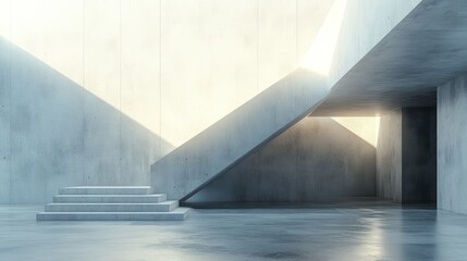 Obraz premium Modern Concrete Staircase Interior; Minimalist Architecture; Light Beams