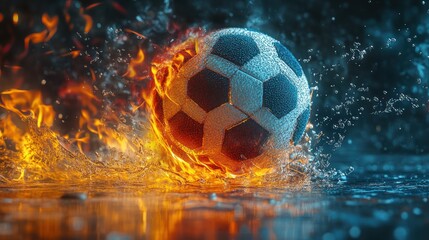 Fototapeta premium Soccer ball in flames and water splash, dynamic action