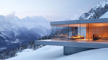 Fototapeta premium Modern mountain chalet, winter vista, peaceful interior