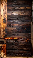 Rustic Wood Wall with Warm Lighting and Unique Textures.