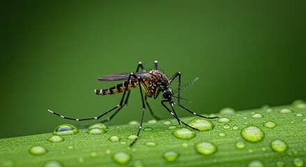 Detailed macro shot showcases a mosquito on a leaf covered with water droplets portraying nature
