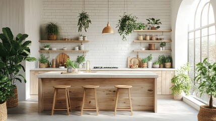 Modern light-filled kitchen with plants and wooden accents.  Possible use stock photo for interior design