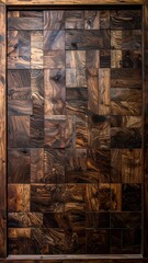 Rustic Wooden Door with Intricate Patchwork Design and Warm Tones.
