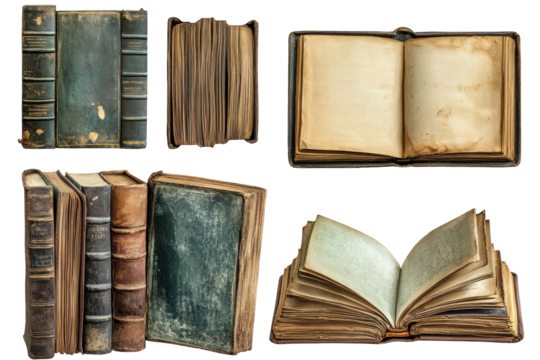 Collection of antique and vintage books isolated on transparent background. Set of closed and open books isolated on white background.