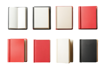 Collection of open and closed books isolated on transparent background. Set of closed and open books isolated on white background.