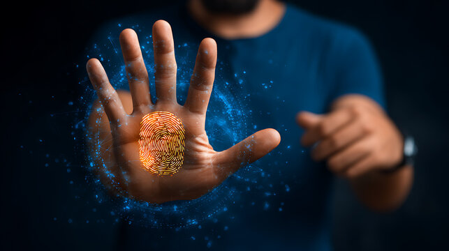 Person displaying a glowing fingerprint on their hand with digital effects in a dark background