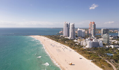 Miami Beach aerial view with skyline. Miami from above. Miamis famous landmarks. South Pointe beach...
