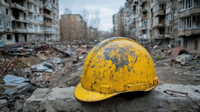 Construction helmet on rubble amidst urban decay.  Possible stock photo use for disaster relief, urban decay, or destruction