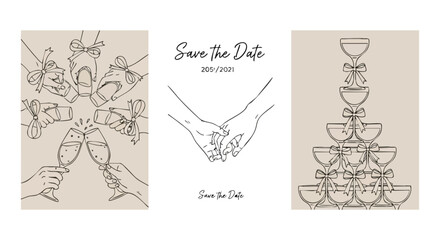Elegant line art collection celebrating love and romance with champagne toasts, holding hands, and a classic champagne tower for wedding invitations and celebrations.