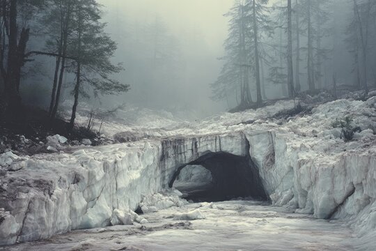 Misty glacial archway through snowy mountains - Powered by Adobe