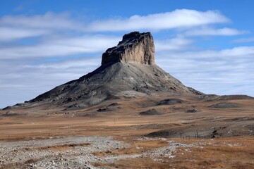A butte rises above a vast, dry plain
