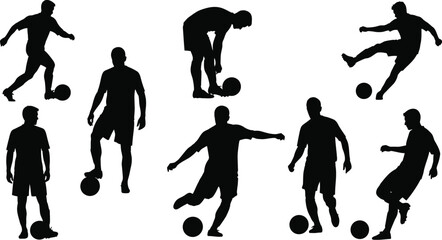 Soccer players silhouettes kicking ball vector art design set