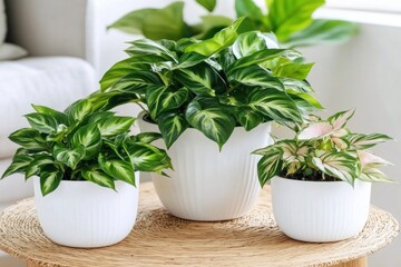 Fototapeta premium Assorted Indoor Plants: 'Marble Queen' Pothos and Prayer Plant in Stylish Flower Various houseplants like