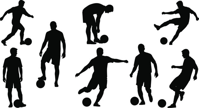 Soccer players silhouettes kicking ball vector art design set