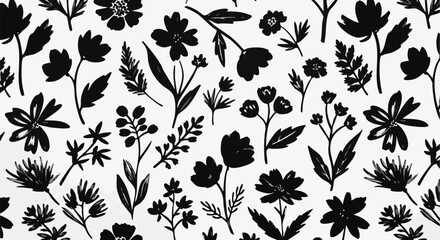Chic black floral silhouette pattern on white provides a sophisticated, modern backdrop for design projects and elegant branding.