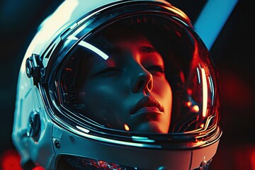 Fototapeta premium Astronaut man with helmet in space exploration suit title