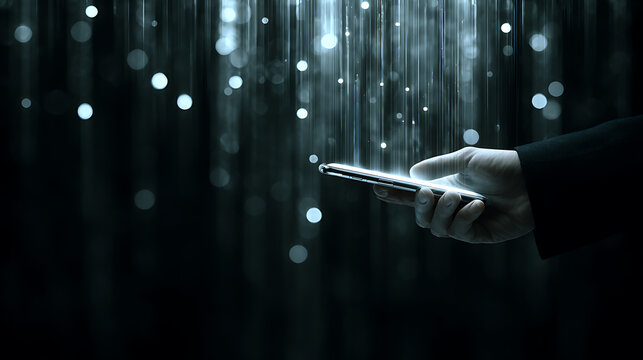 Hand holding a smartphone with digital data streams in the background