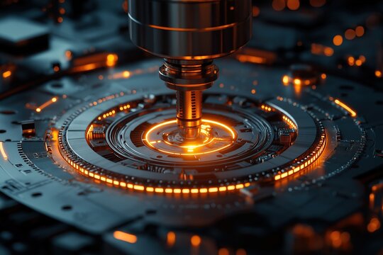 Intricate circular motion CNC machine tool with glowing orange light on dark background, futuristic digital concept of factory equipment for shipbuilding and engineering industry