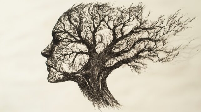 Ink drawing of human profile blending with tree branches creating surreal portrait of nature connection