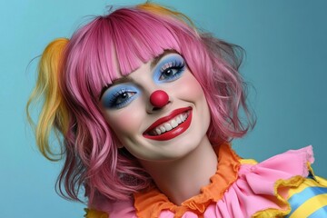 Fototapeta premium Cheerful woman in pastel clown costume with pink wig and face paint Happy dressed up colored