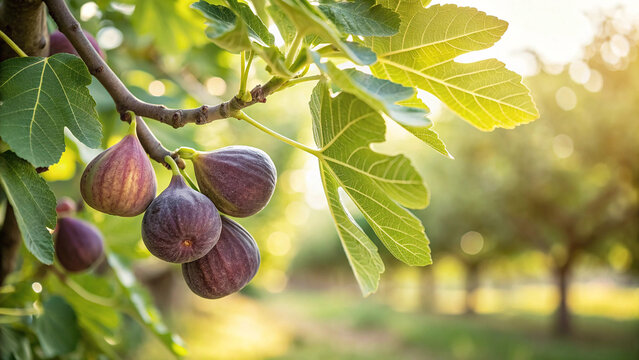 Figs on tree in garden, Ripe figs hanging tree in natural warm sunlight background