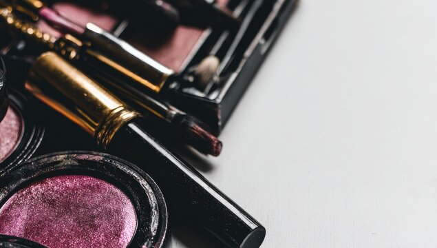 Assorted makeup items, shades of pink and rose, on a white surface