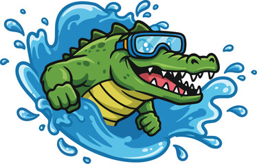 Naklejka premium Cool Crocodile Mascot Swimming with Goggles Vector Cartoon Illustration