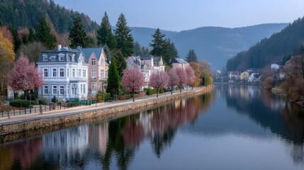 Fototapeta premium Scenic Village Lakeside View with Victorian Style Buildings Reflecting in Calm Blue Water Beneath Rolling Verdant Hills in Autumn Hues Under Clear Blue Sky