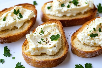 Cream cheese and herb topped bread slices in a delightful arrangement for of with herbs