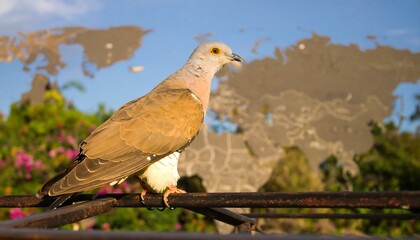 Bird on metal bar with world map background