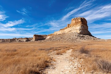 A vast, dry landscape with a sandstone butte under a vibrant sky